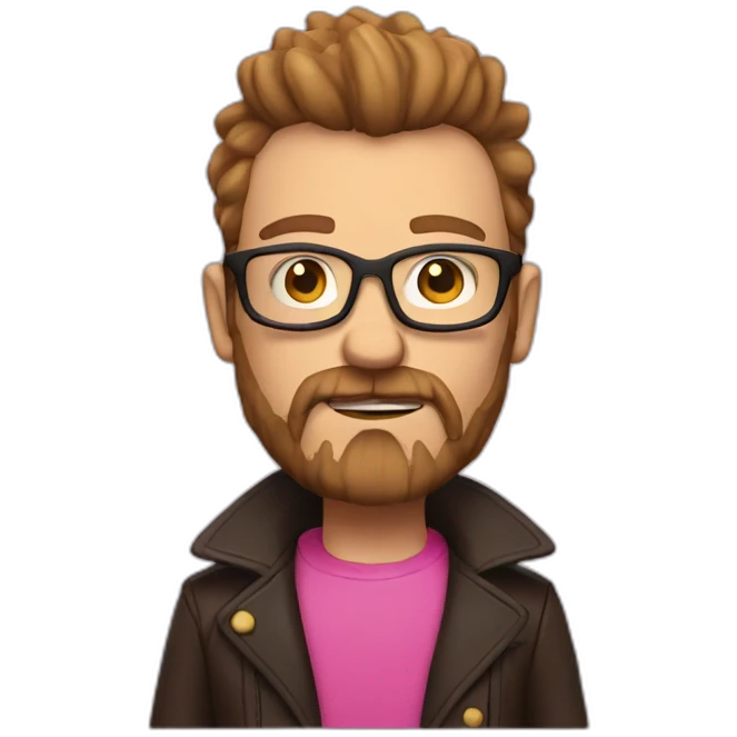 white man with brown beard a pink mohawk and thick glasses wearing a leather coat emoji