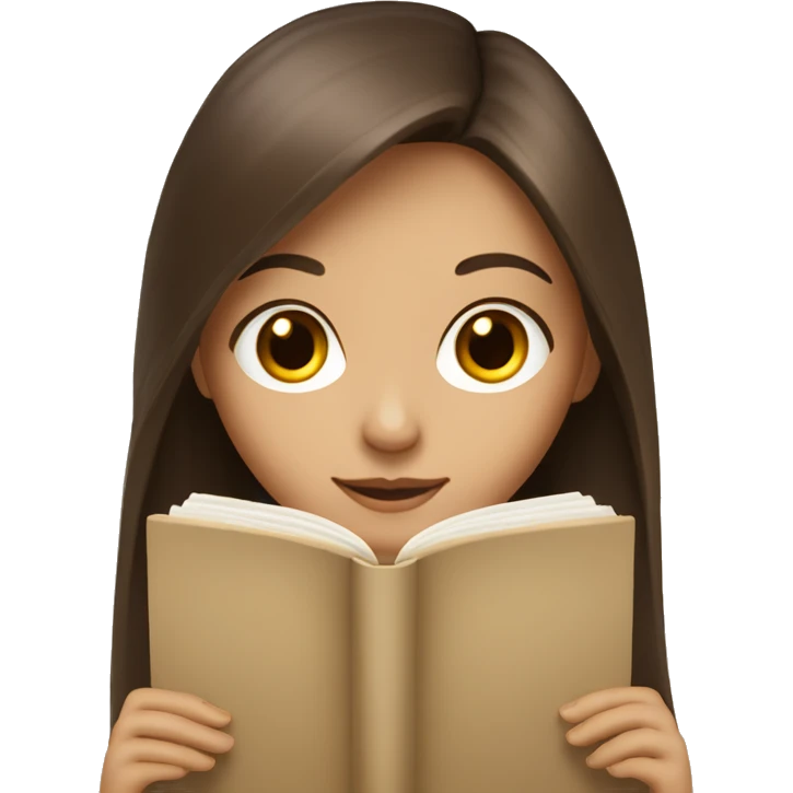 brunette long hair girl with beige soin and brown eyes reading book emoji