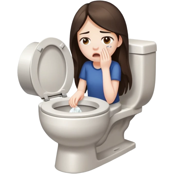 girl with long dark brown hair and pale skin hungover vomits into a toilet emoji