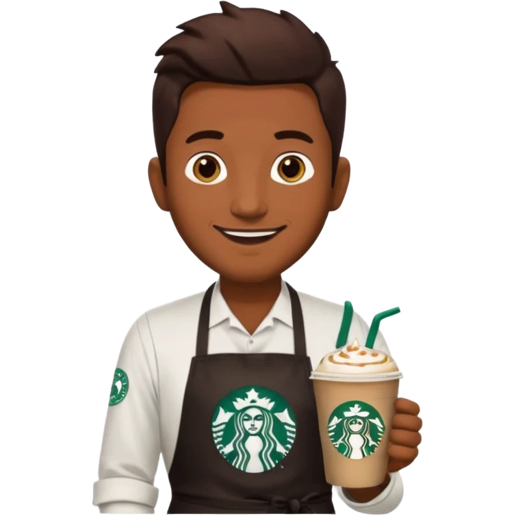 create a sticker of my male bangladeshi friend who is supervisor at starbucks plus coffemaster so black apron woth coffeemaster on it and starbucks logo emoji