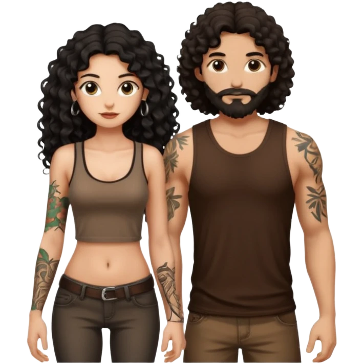 a pretty bratz fair girl with black long curly hair in a brown tank top with tattoos standing with a handsome tattooed tall guy emoji