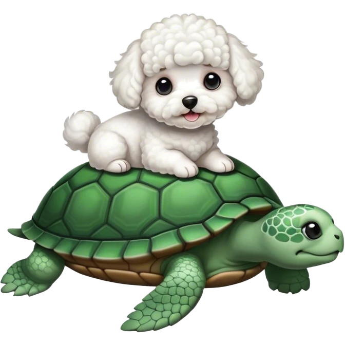 Curly white Bichon sitting on a turtle emoji