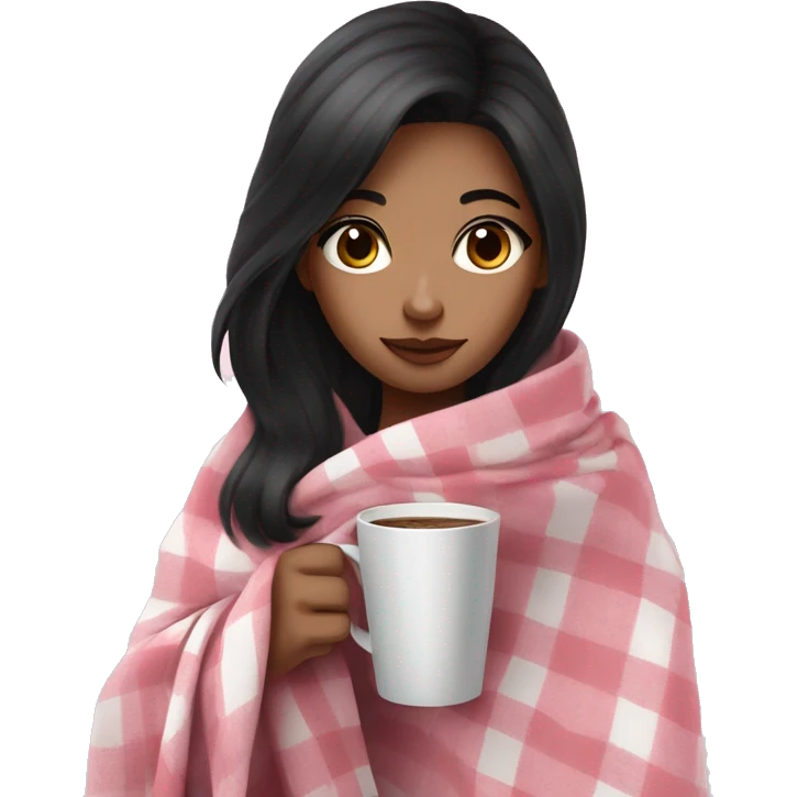cute black hair girl wrapped in pastel pink plaid blanket drinking coffee emoji