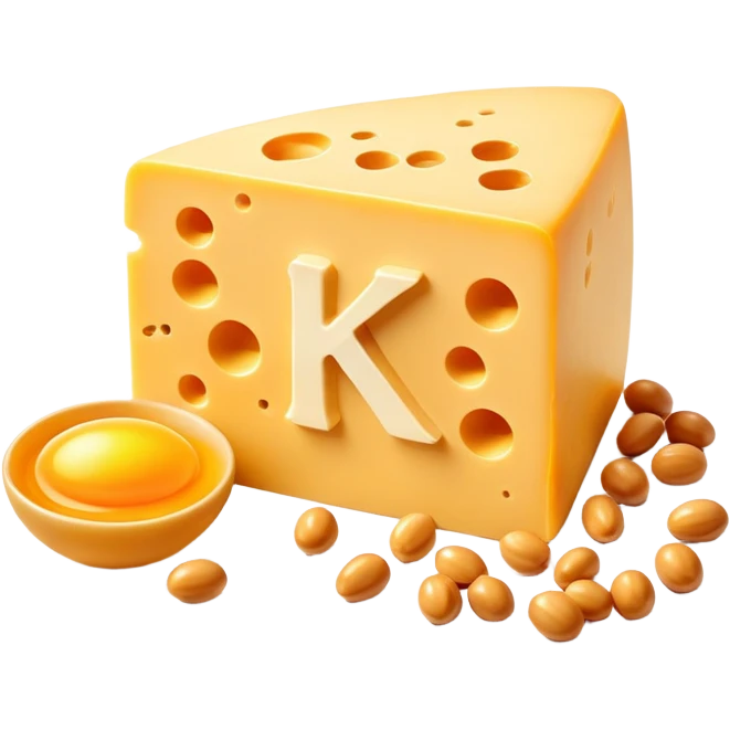 Ethereal glowing vitamin K2 symbol surrounded by aged cheese, golden egg yolk, and natto. A single bone floats nearby with a golden dot where calcium is being properly deposited, showing how K2 guides calcium to strengthen bones. emoji