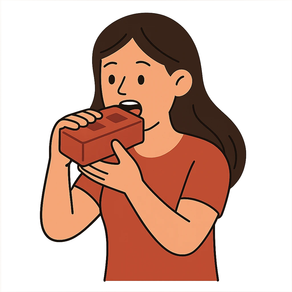 flat toon style woman eating a brick emoji