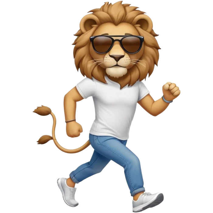 friendly anthropomorphised lion in jeans and a t-shirt, wearing dark sunglasses, jogging upright in standard pose emoji