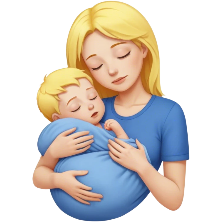 Mother is holding a baby, the mother has yellow hair and pink clothes, the baby is sleeping in blue clothes emoji