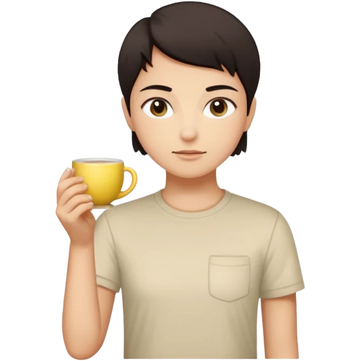человек с короткими тёмными волосами и круглым лицом. У него спокойное, нейтральное выражение лица, тёмные глаза, аккуратные брови. Он стоит прямо на фоне светлой стены. На нём светлая футболка с небольшим рисунком. В целом образ выглядит простым и аккуратным. В руках чай с лимоном emoji