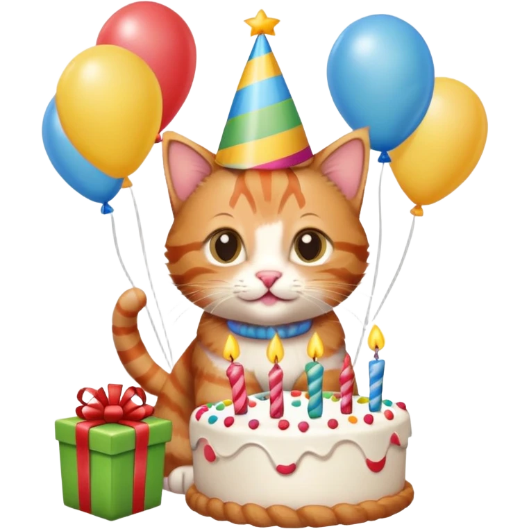 Ginger tabby kitten celebrates birthday, birthday hat, birthday cake, balloons, happy, gifts emoji