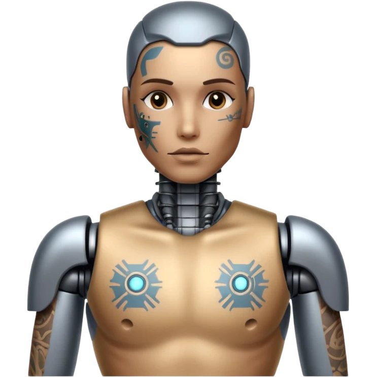 Tatooed robot, tatooes on chest and face emoji