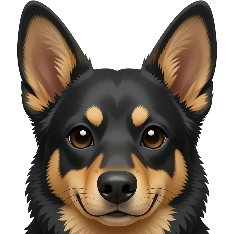 Créer un emoji visage de chien noir, il a de grande oreille noires, droites et pointues. Son museau est long et fin.  Le poil est court et fin emoji