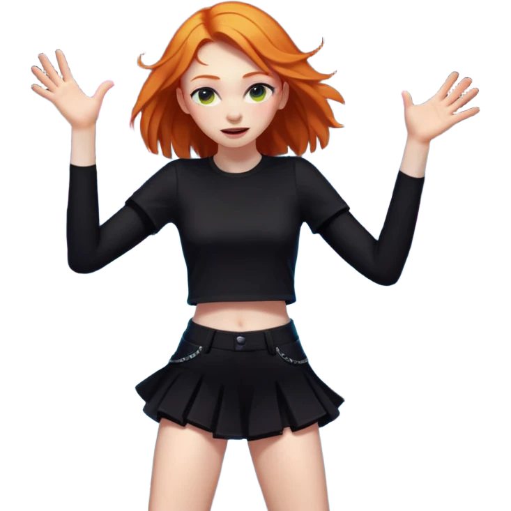 Ginger girl dancing at a rave. Full body, wearing dark colours give her loads of arms emoji