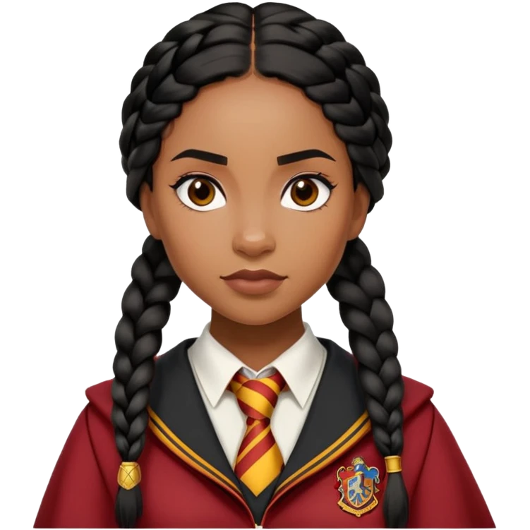 Angelina Johnson in harry potter, wear hogwarts gryfindor uniform,  thick, black hair worn in braids, reflecting her bold, stylish, and strong personality emoji