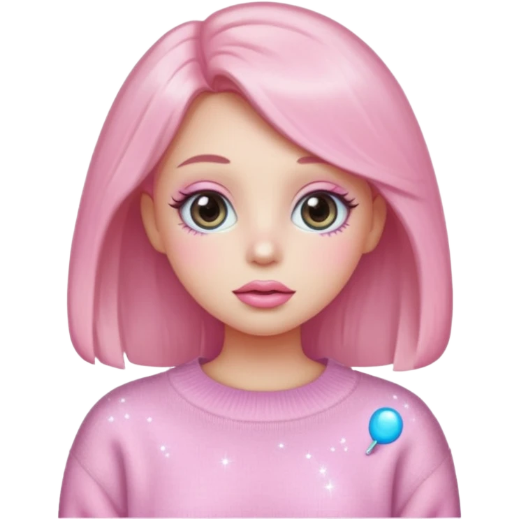 “Emoji girl, pastel pink blush, sparkly wide eyes, glossy bubblegum lips wearing oversized pastel sweater.” emoji
