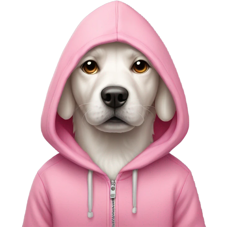 white dog wearing hoodie pink  emoji