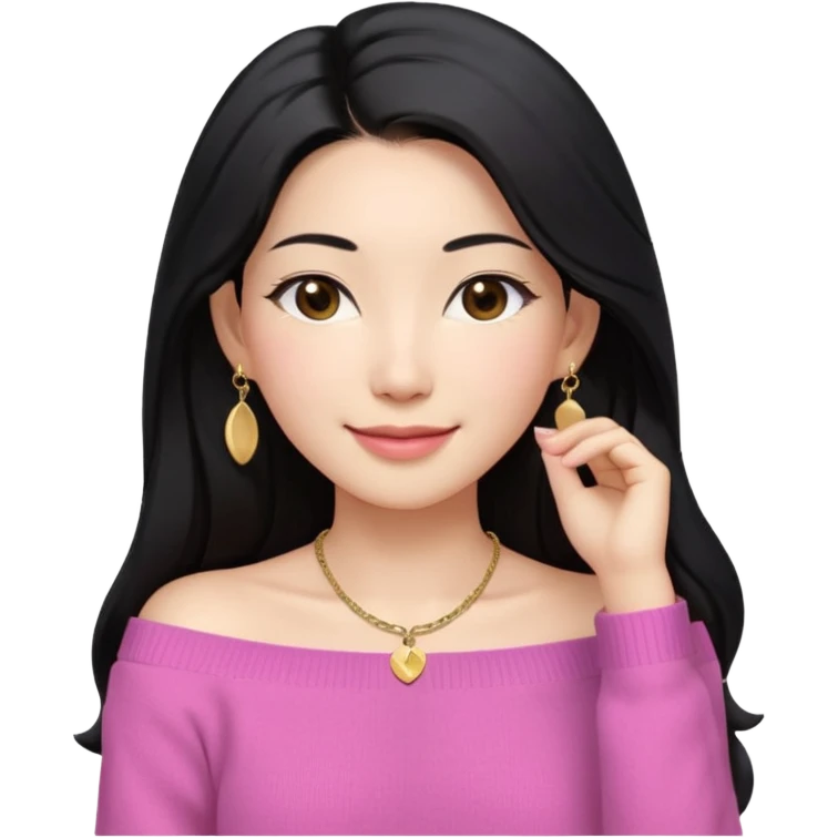 South Korean girl in her mid-thirties with long black hair parted in the middle. She is wearing a pink, off the shoulder long sleeve knit sweater, extra small gold earrings and a gold necklace. She has brown eyes with narrow, mono lid shape and smiling with lips together emoji