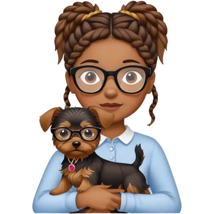 A girl with brown braids and glasses is holding a Yorkshire Terrier. emoji