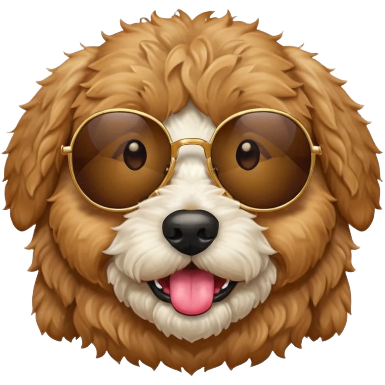 Create a  circle golden doodle dog with brown eyes emoji  sticking its tongue out with sunglasses on emoji