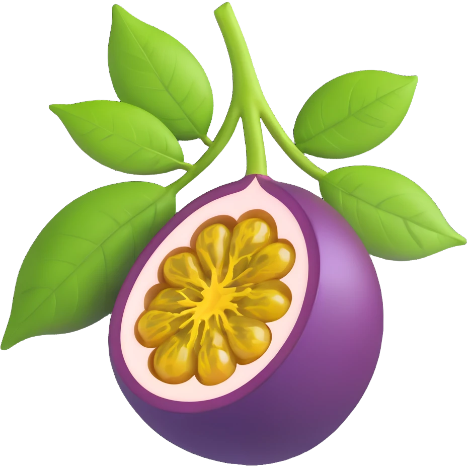 a whole passion fruit, deep purple, with a green leaf, fresh and glossy emoji