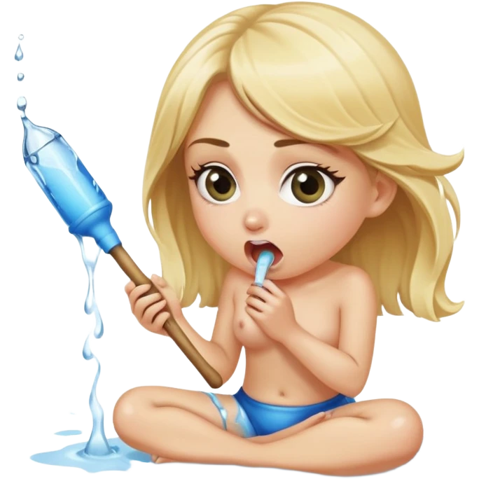 blond woman sitting on her knees with wide eyes, she's holding a thick short stick with a big knob, the stick is made of skin, water squirting from the knob into her mouth emoji