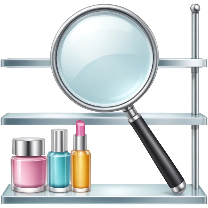 front view magnifying glass over beauty product shelf searching for last item emoji