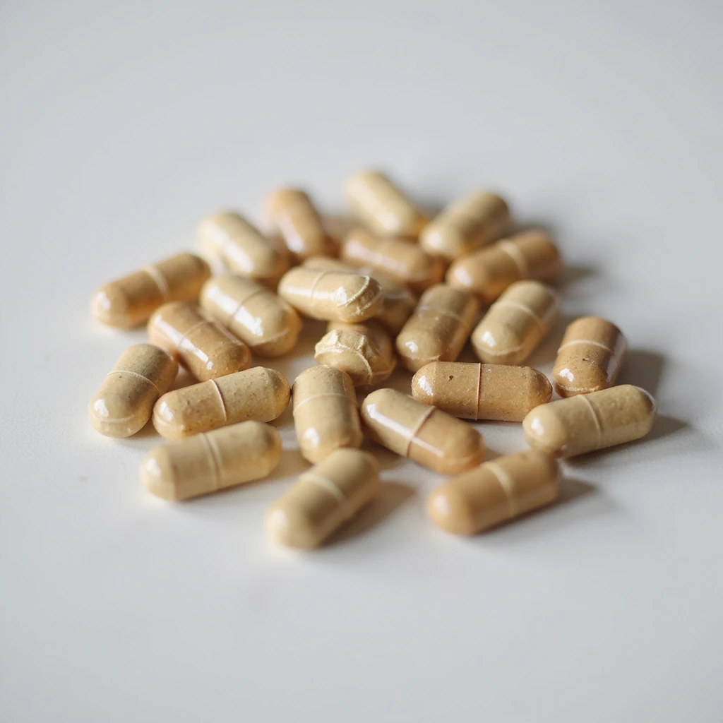 hyperrealistic scattered dietary supplement capsules on isolated white background, 4K details, neutral lighting emoji