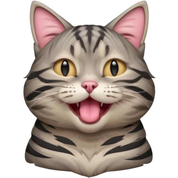 A high-resolution photo-realistic digital illustration of a solid grey tabby cat, eyes closed, head titled up yawning emoji