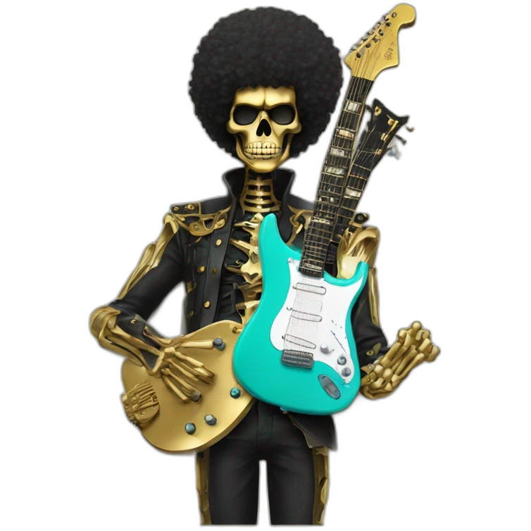 Soolking brook ;black affro cut ;turquoise electric guitar;golden crown ;skeletal face emoji