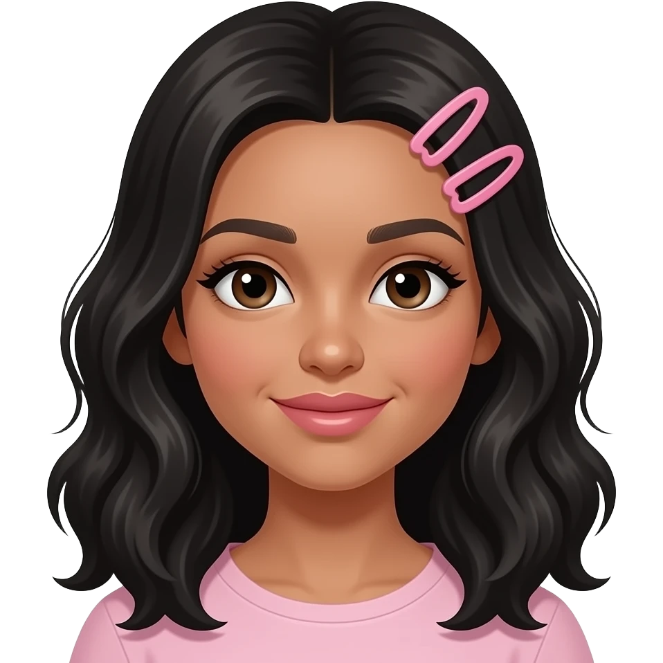 Pretty girl with really light brown skin with black wavy hair,her lips are nude pink and her eyes and dark brown her hair should be chest length and she should have a pink bow on her side of the head like a clip not a hairband,the skin should be really light brown and her should be bigger emoji