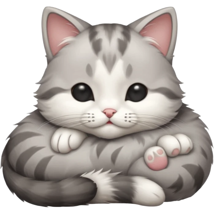 grey and white small cat with its eyes closed lying down with its head resting own paw emoji
