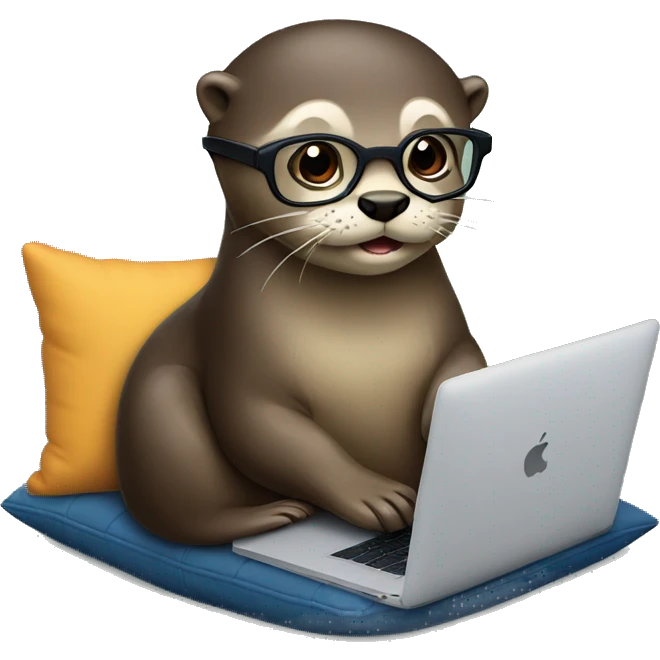 female otter with glasses use a macbook while seated against a pillow emoji