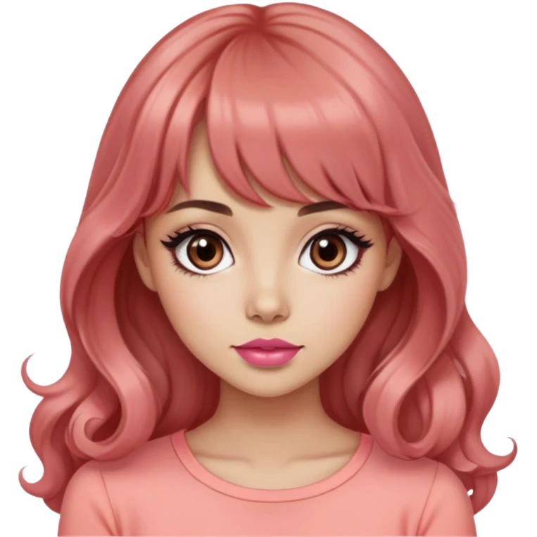 cute woman, light tan skin, big black eyes, very long wavy auburn hair, bangs, pink top, coral lipstick emoji