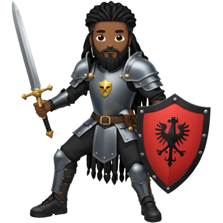 African American with long black dreadlocks with black beard wearing a black knight amour wearing wearing black Air Force 1 low top shoes holding a shield and a double edge sword emoji