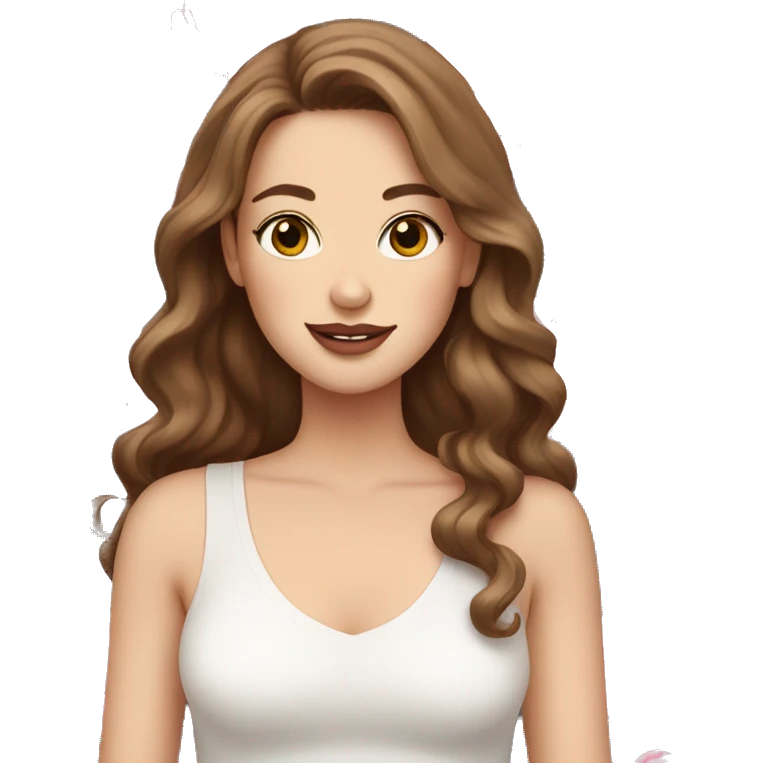 white girl with brown wavy hair holding pink peonies  emoji
