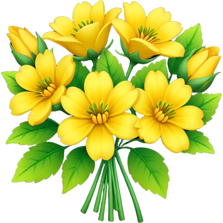 Generate a high-quality image of a bouquet of flowers dominated by yellow blooms, with a mix of green leaves, realistic colors and shading, smooth gradient colors, no human figures, no facial features, no brand markings, simple white background, high-resolution.
 emoji