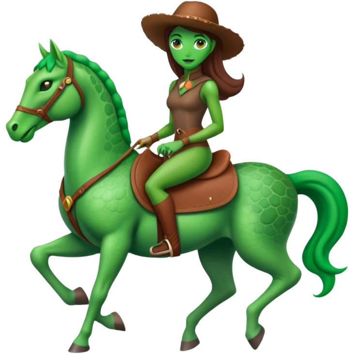 reptilian alien green woman, rides brown horse
 emoji