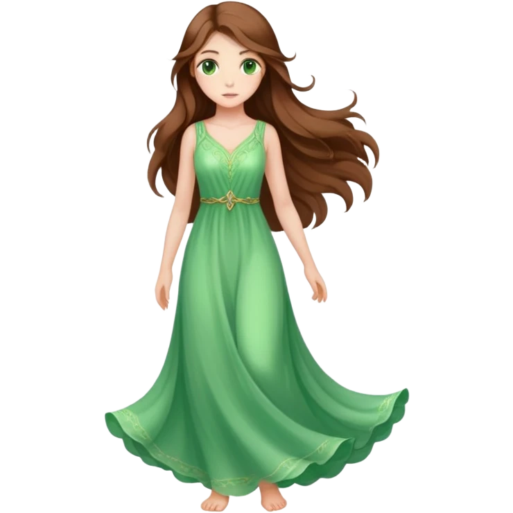بنت شعرها طويل لونه بني و عيونها خضر و لابسه فستان طويل و كانها جنيه emoji