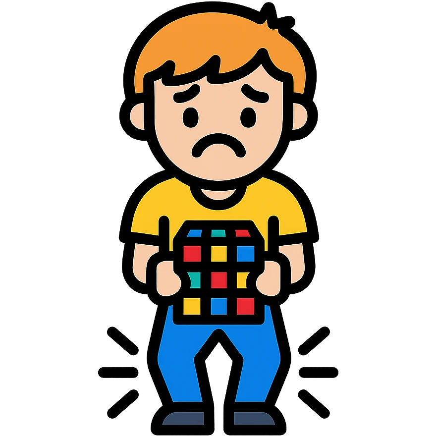 A boy solving a Rubik's cube 21x21 but he can't solve it because he need to pee emoji