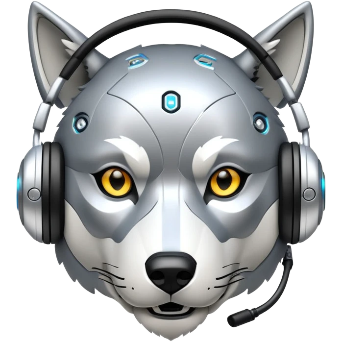 robotic wolf with digital eyes and circuit patterns wearing coach headset with football icon emoji