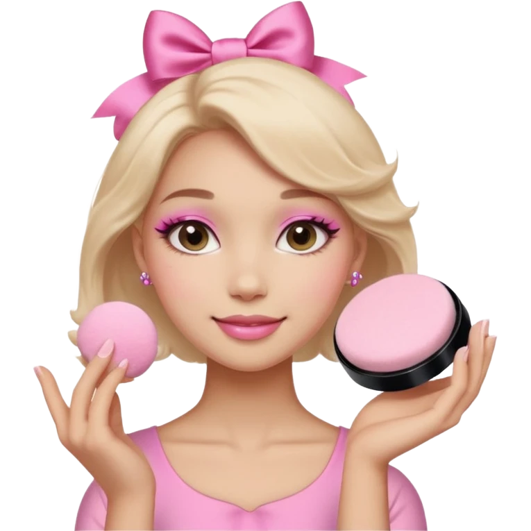 female face, light skin tone, small simple closed smile. One hand visible holding a round fluffy pink makeup powder puff pressed to the cheek; the puff has a small satin bow. emoji