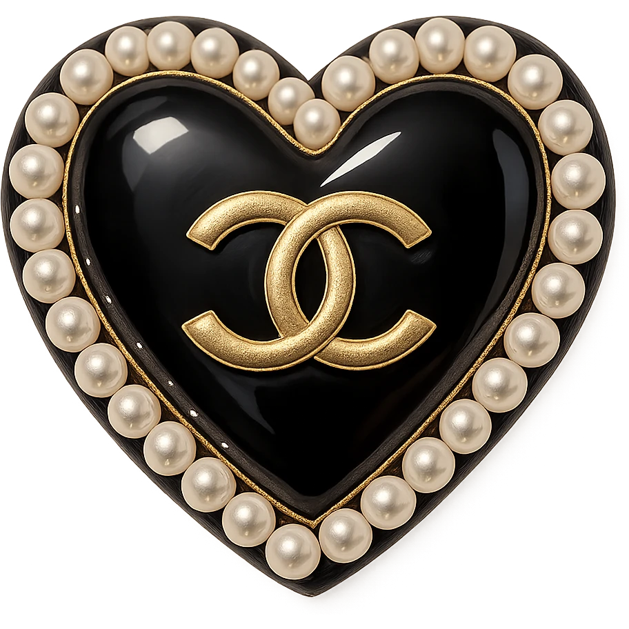  only the elegant heart with pearls and gold Chanel logo, glossy, pastel colors, realistic style, with no background. black pink,  emoji