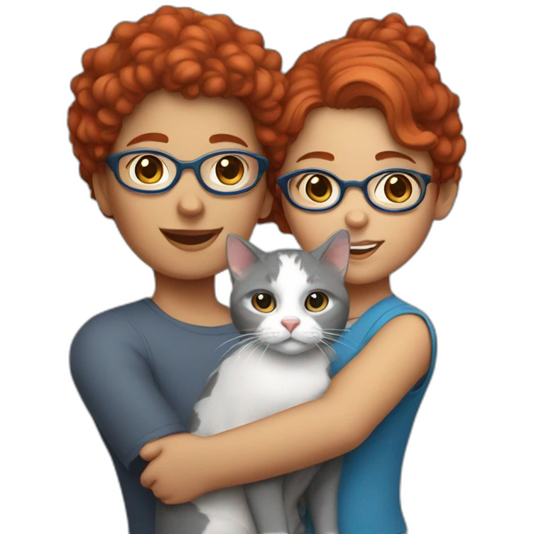 a girl with red curly hair and blue glasses with a white and gray cat in her arms emoji