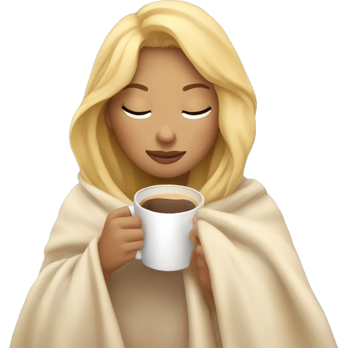girl with blonde hair inside a blanket sipping coffee eyes closed emoji