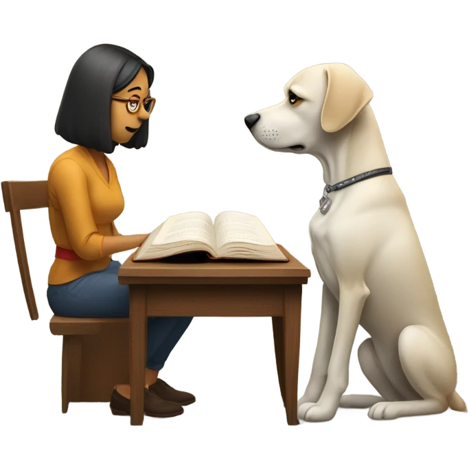 Dog reading a book but woman blocking the words emoji
