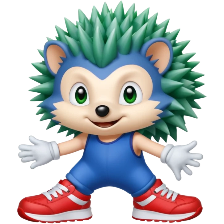 Blue anthropomorphic hedgehog, spiky hair, large green eyes, confident smile.Wearing red sneakers with white straps and white gloves. emoji