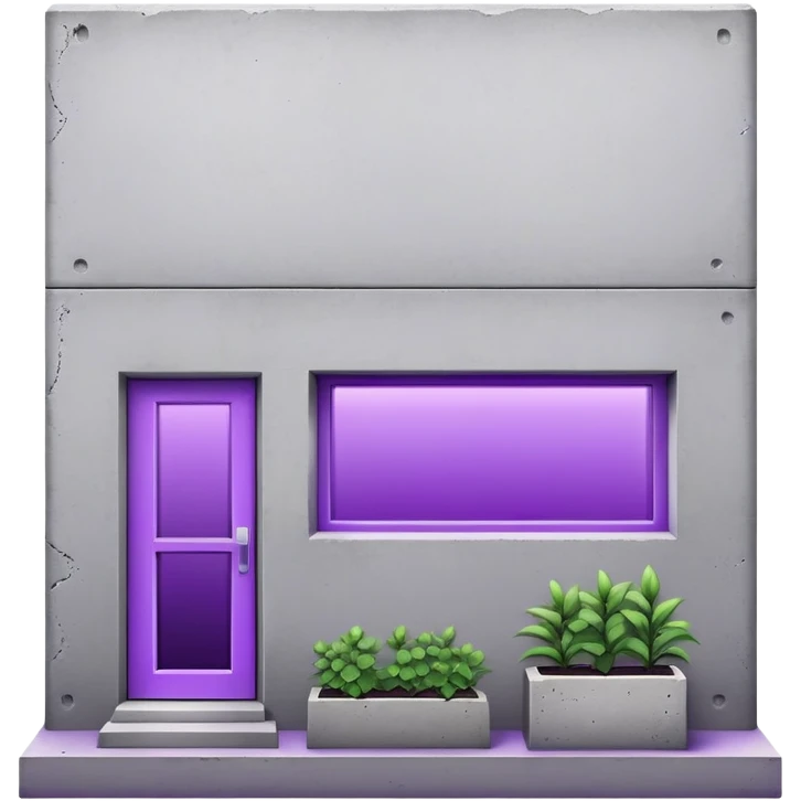 Minimalist gray concrete panel building, slight ghetto vibe, one window with bright purple ultraviolet light for growing plants, simple rectangular shape, stark and bare emoji
