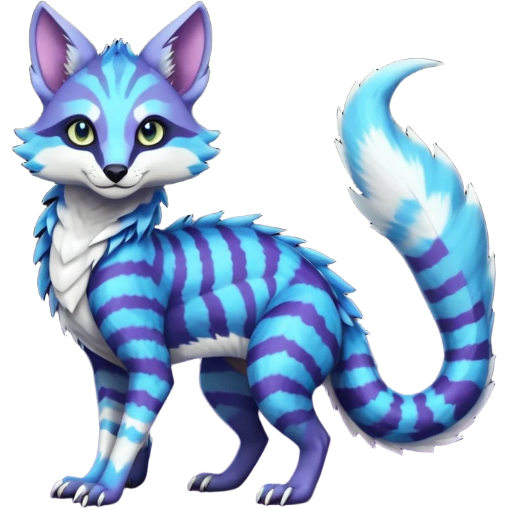zig-zag-patterned striking indigo-violet-blue-cyan-gradiented with dark undertones, white underside, thunderous stormy edgy badass realistic Vernid-Sergal-Genet-Trico-species by LiLaiRa, full body emoji