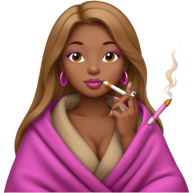 Curvy, light brown long hair, nsfw pretty black girl pink lipgloss smoking wrapped in blanket emoji