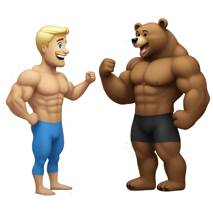 A happy bear talking with  bodybuilding blond man emoji