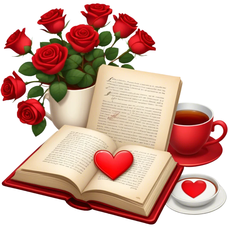 Icon for Romance Reading: an open book with a heart-shaped bookmark, surrounded by roses, a love letter, and a cup of tea. The icon should evoke the warmth, passion, and emotional depth of a love story. Transparent background emoji
